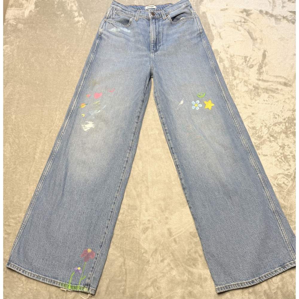 Wrangler Worldwide 661 High Rise Womens Wide Leg Jeans Distressed Painted 26